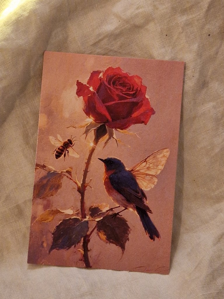 Ansichtkaart. "Vogel- rode roos/insect"., Verzenden, Nieuw, Papier/karton