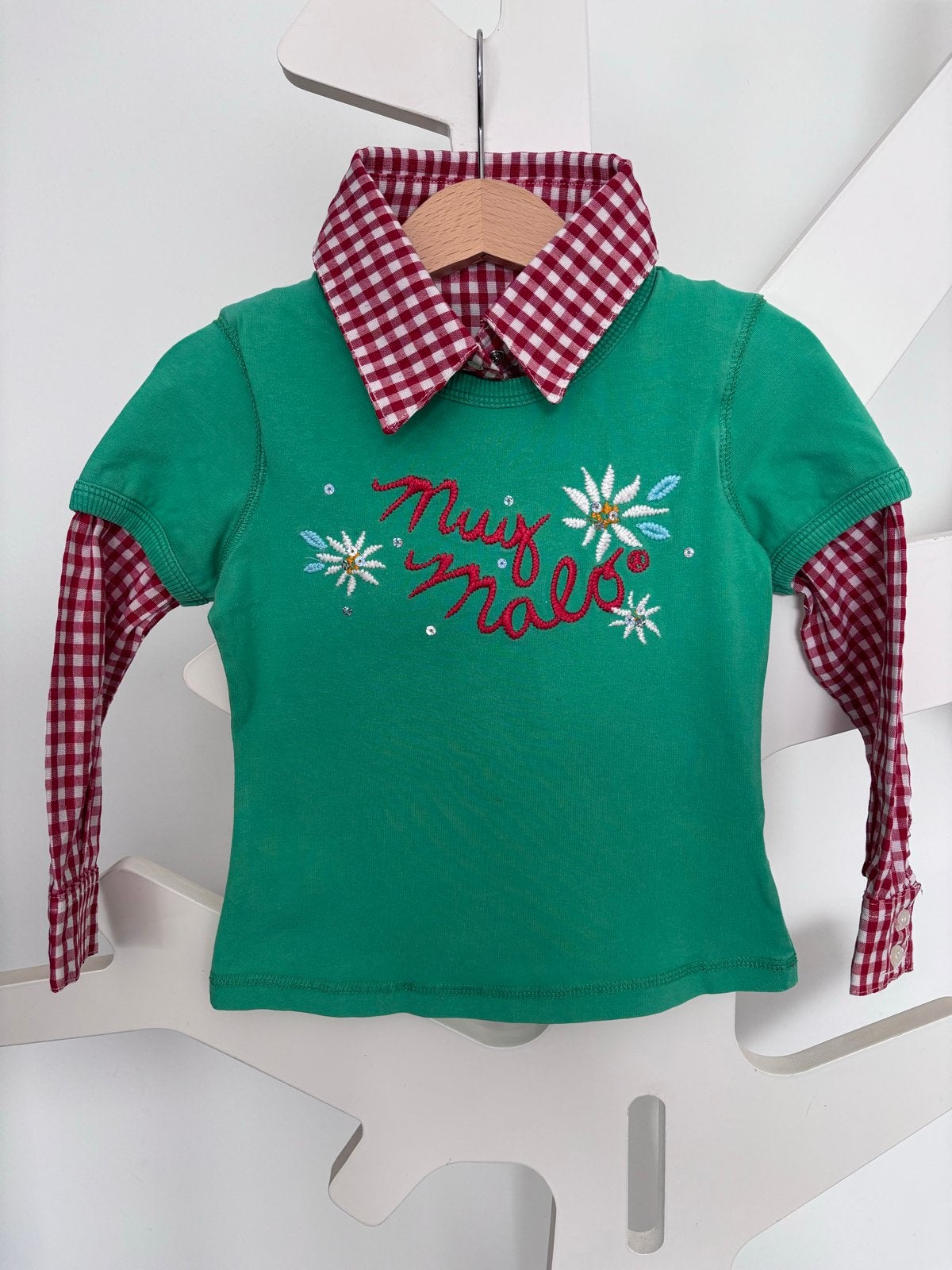 Muy Malo T-shirt maat 104 met geruite kraag en lange mouwen, Ophalen of Verzenden, Zo goed als nieuw, Meisje, Shirt of Longsleeve
