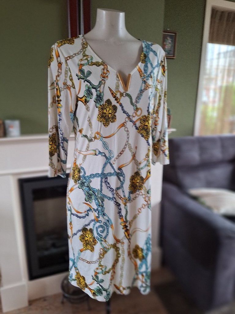 Batida jurk mt 4 L kettingen met mooi v hals element, Meerkleurig, Maat 42/44 (L), Ophalen of Verzenden, Zo goed als nieuw