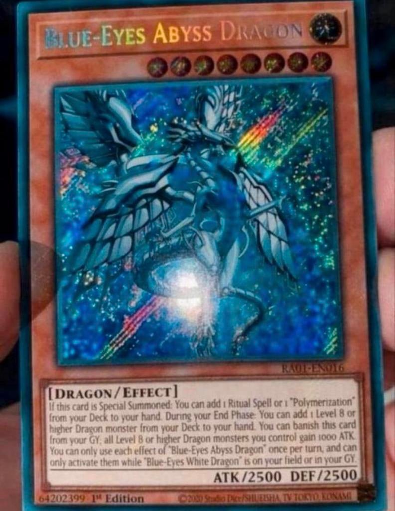 Yu-Gi-Oh! Blue Eyes Abyss Dragon RA01 1st Ed M/NM !, Ophalen of Verzenden, Zo goed als nieuw, Losse kaart, Foil