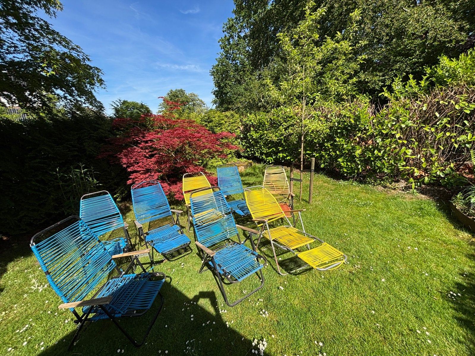 Vintage draad-tuinstoelen uit de jaren ‘70, Tuin en Terras, Tuinstoelen, Ophalen, Gebruikt, Aluminium, Verstelbaar