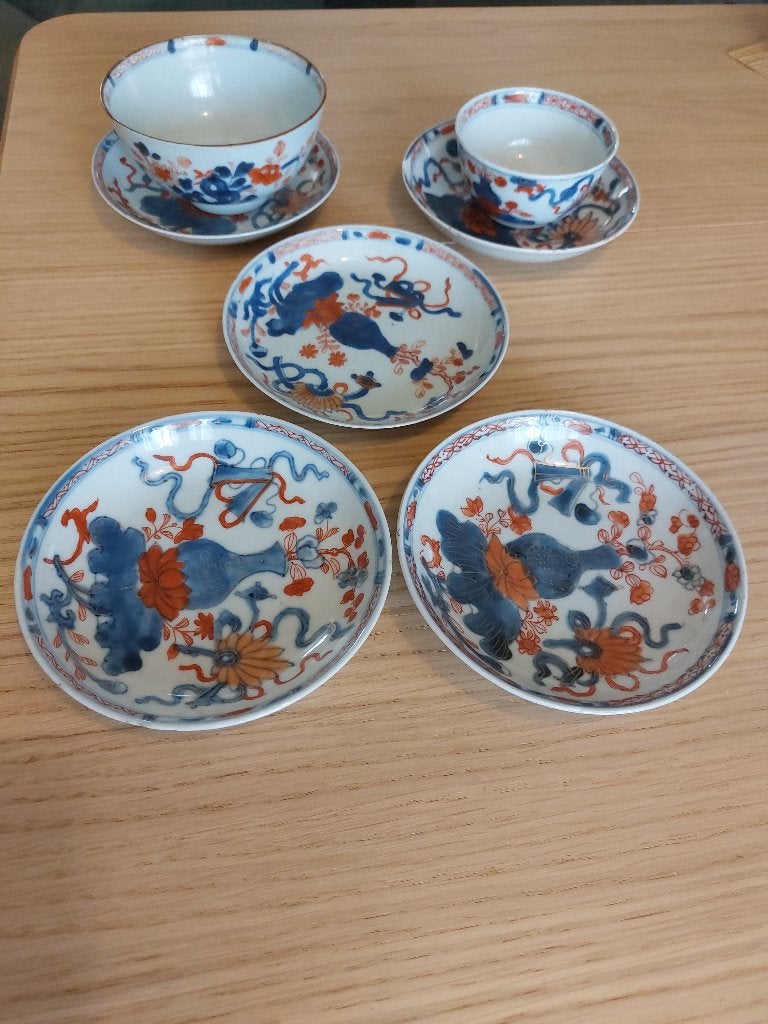 antiek Chinees Imari, 18e eeuw (Qing) 2 theekom,5 schotels, Ophalen of Verzenden