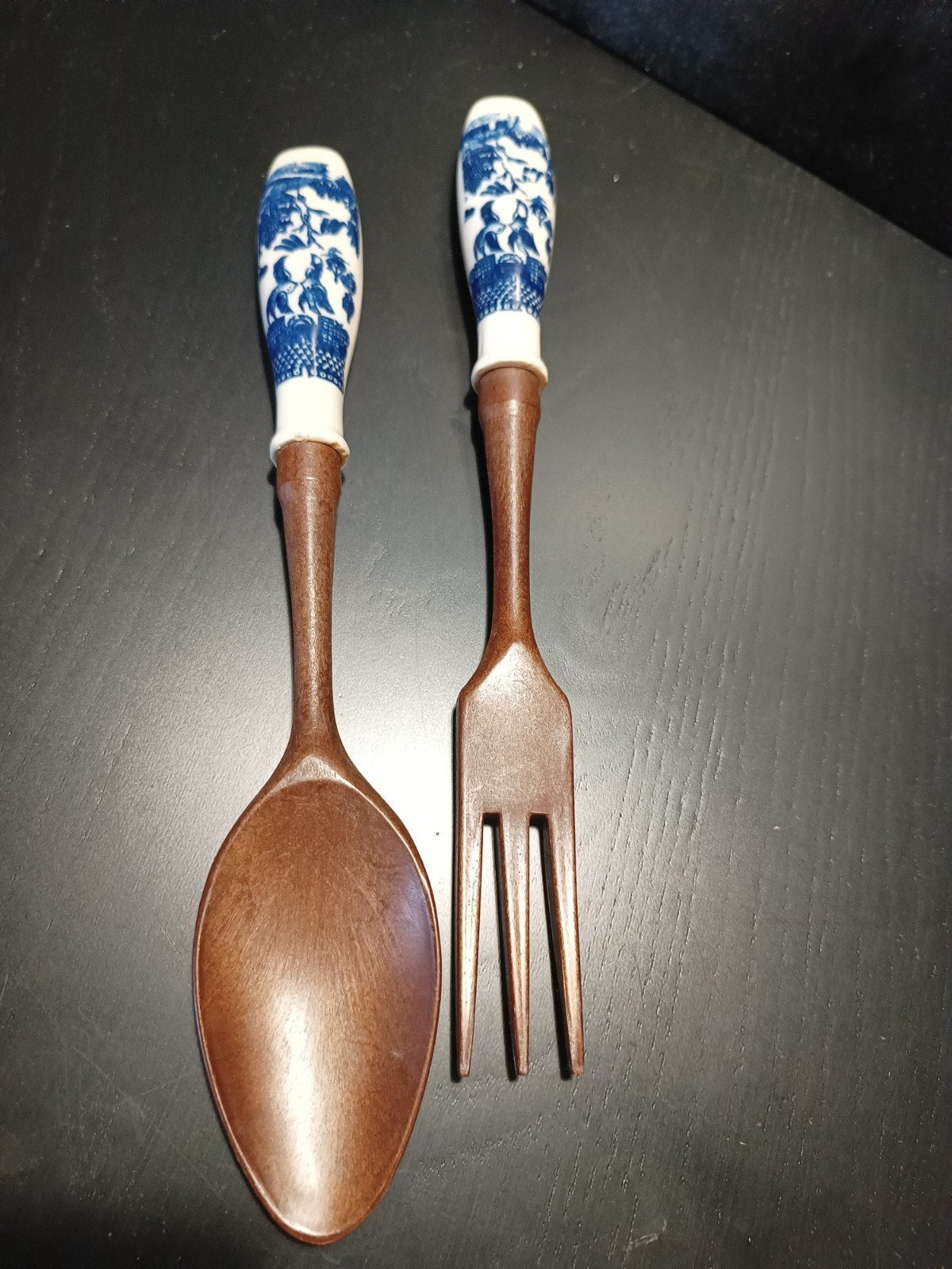 Houten lepel en vork met Delfts blauw handvat, Antiek en Kunst, Ophalen of Verzenden