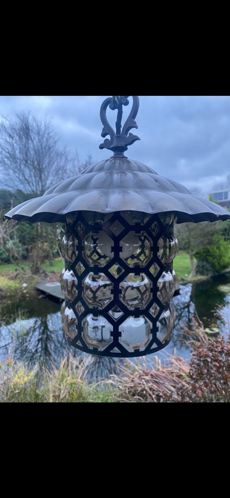 Vintage retro jaren50 hanglamp van metaal en glas, Huis en Inrichting, Lampen | Hanglampen, Ophalen of Verzenden, Zo goed als nieuw