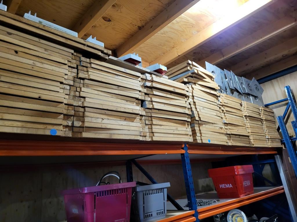 Grote partij Bruynzeel houten magazijnstelling, Ophalen, Gebruikt, Minder dan 25 mm, Plank