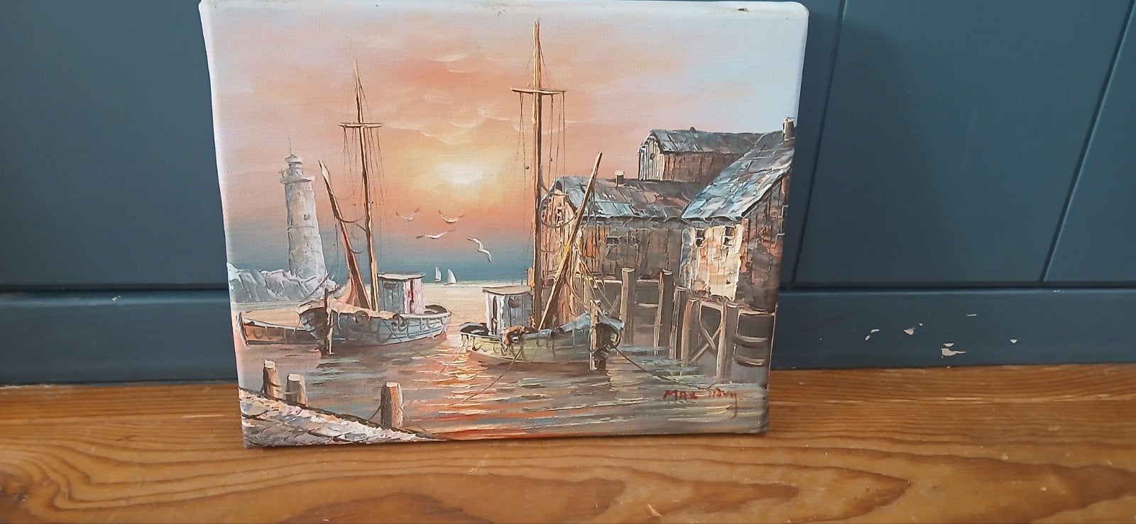 Sfeervol olieverfschilderij – Havengezicht  Max Savy, Maritiem / water, Doek, Realistisch, Ophalen of Verzenden