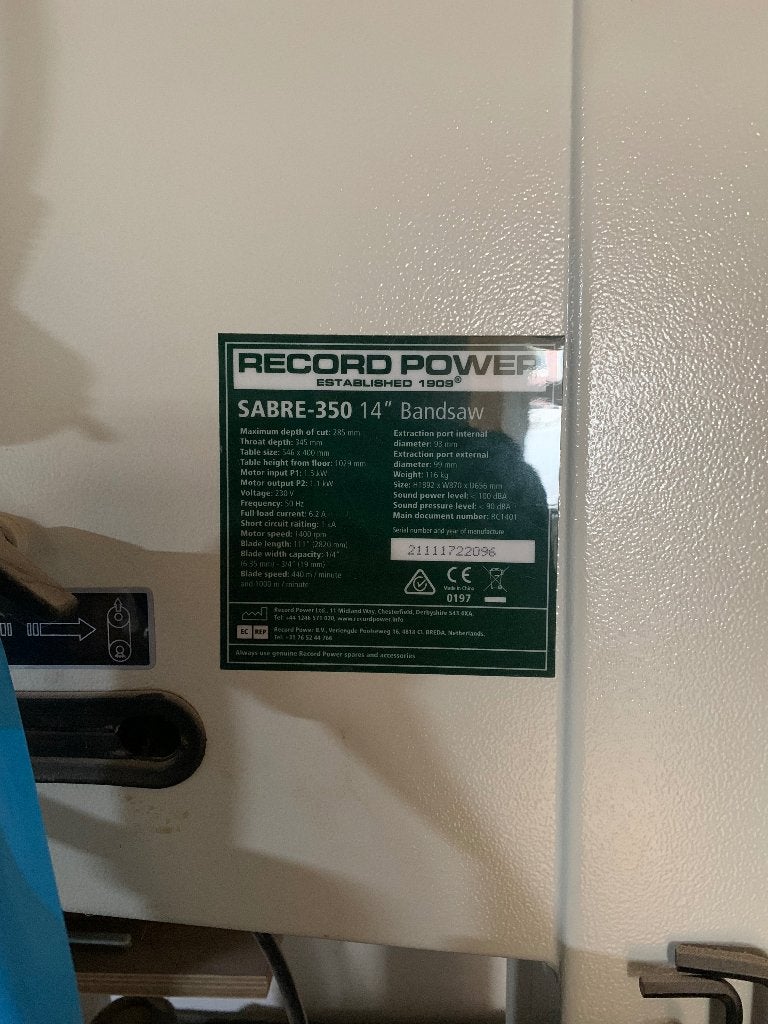 Record Power Sabre 350 lintzaagmachine, Ophalen, 70 mm of meer, Zo goed als nieuw, Lintzaag