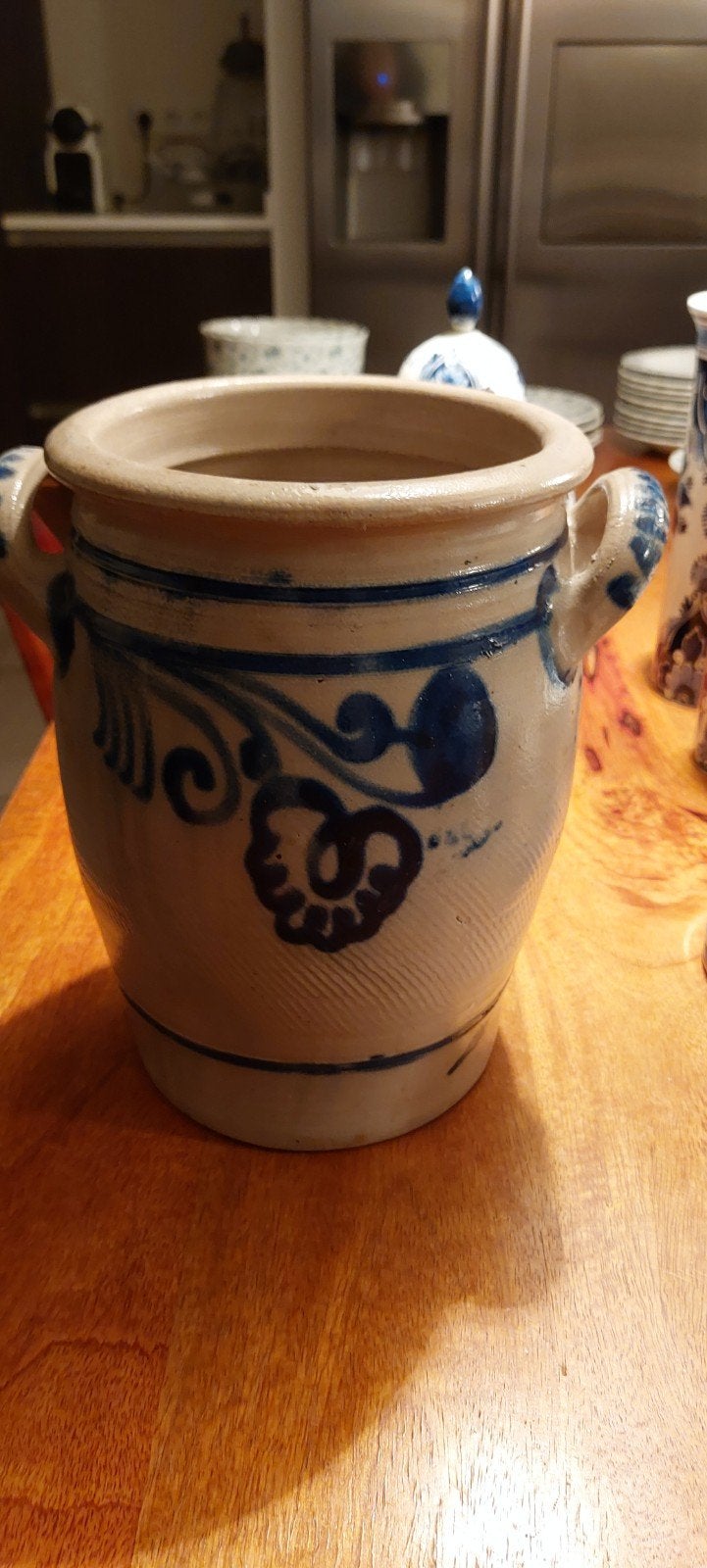 Antieke zoutpot met blauw decor - Handgemaakt aardewerk, Ophalen of Verzenden