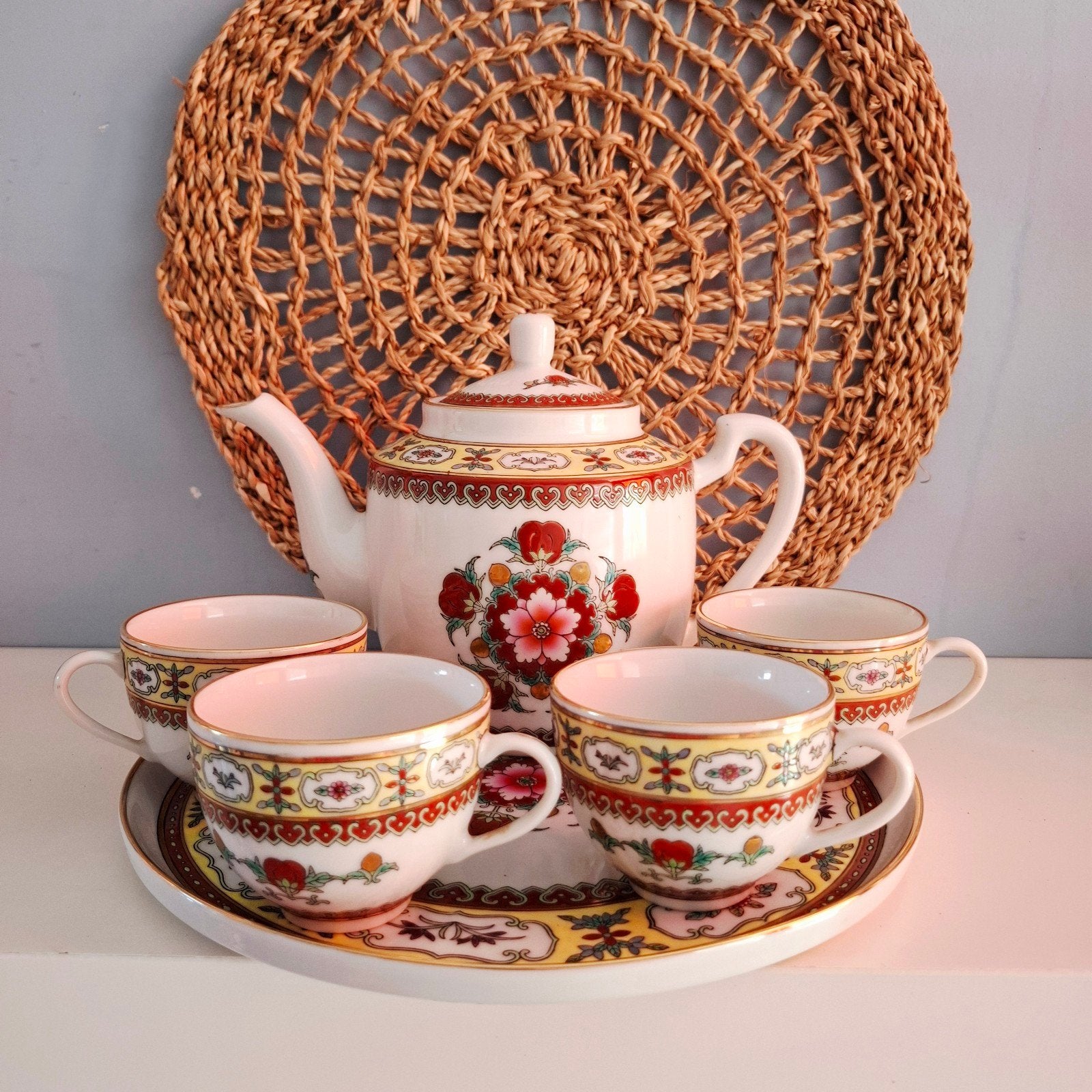 Vintage Chinees theeservies met Chinees huwelijkspatroon, Ophalen of Verzenden