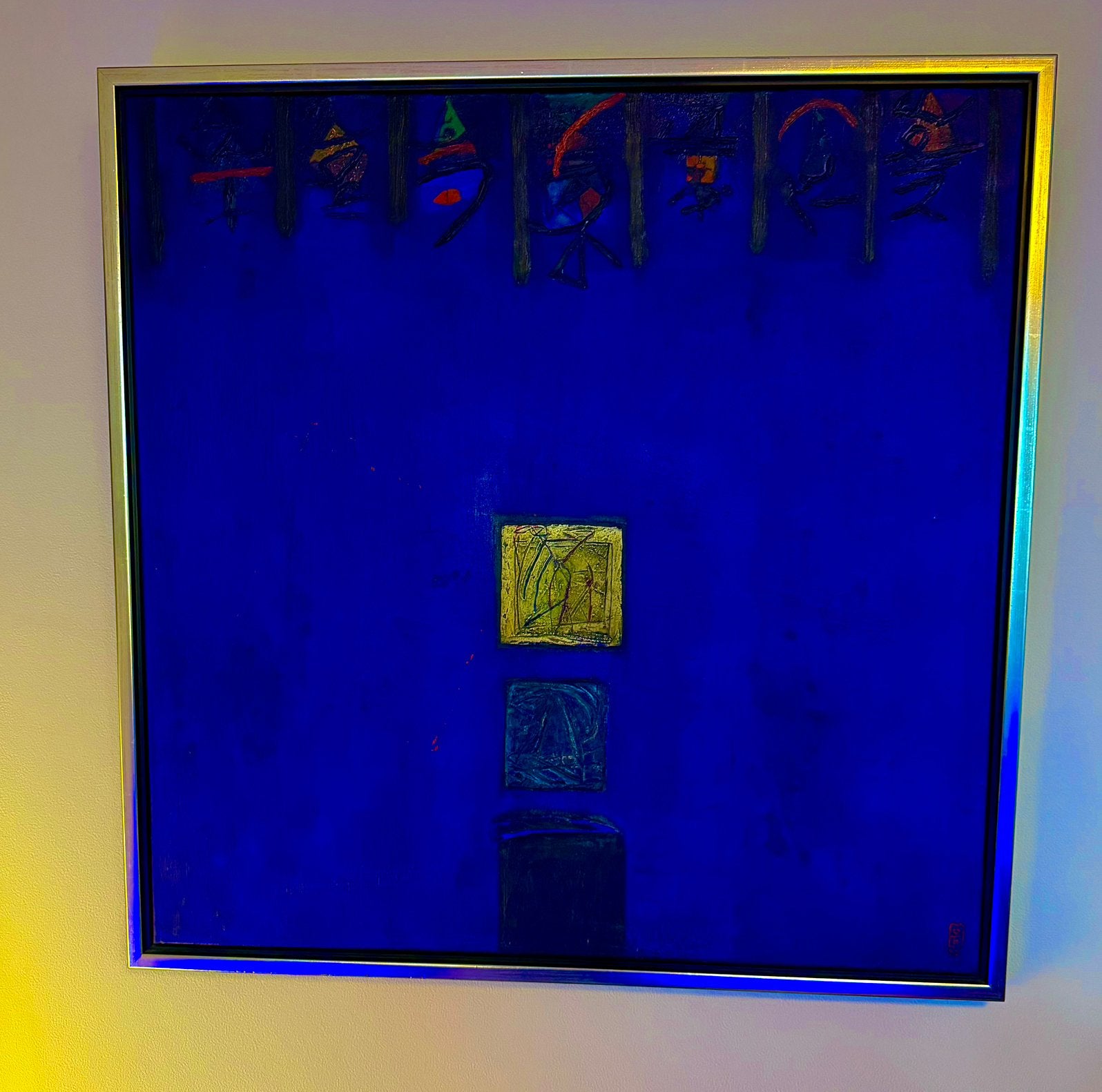 Abstract Blauw Schilderij met Gouden en Groene Elementen