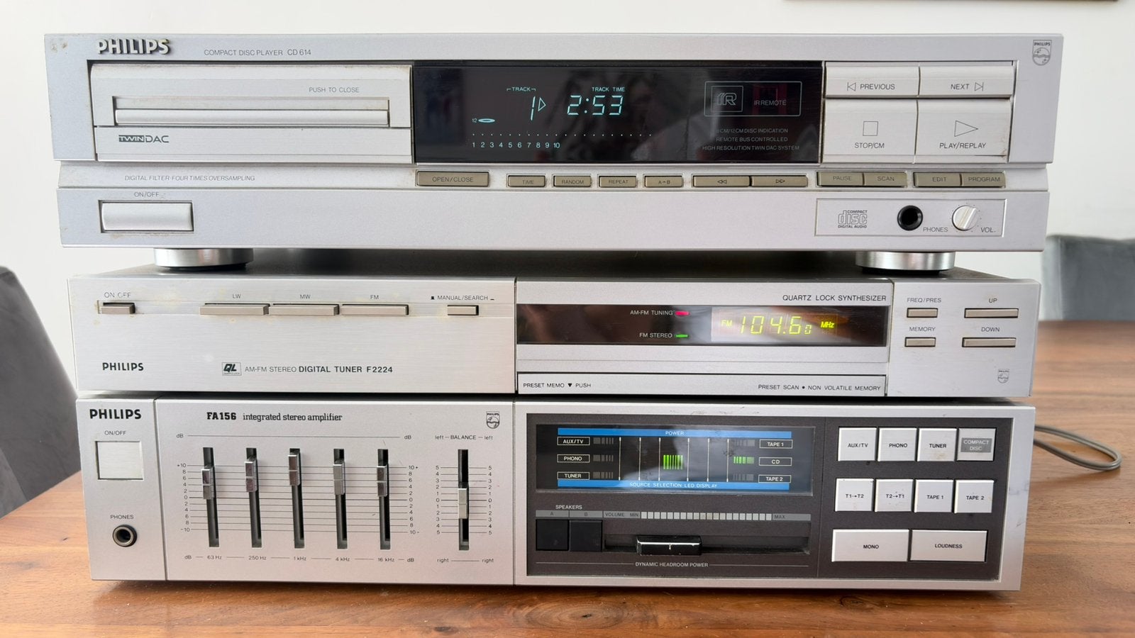 Vintage Philips hifi-set – CD 614, F2224 en FA156, Ophalen, Philips, Gebruikt, Losse componenten