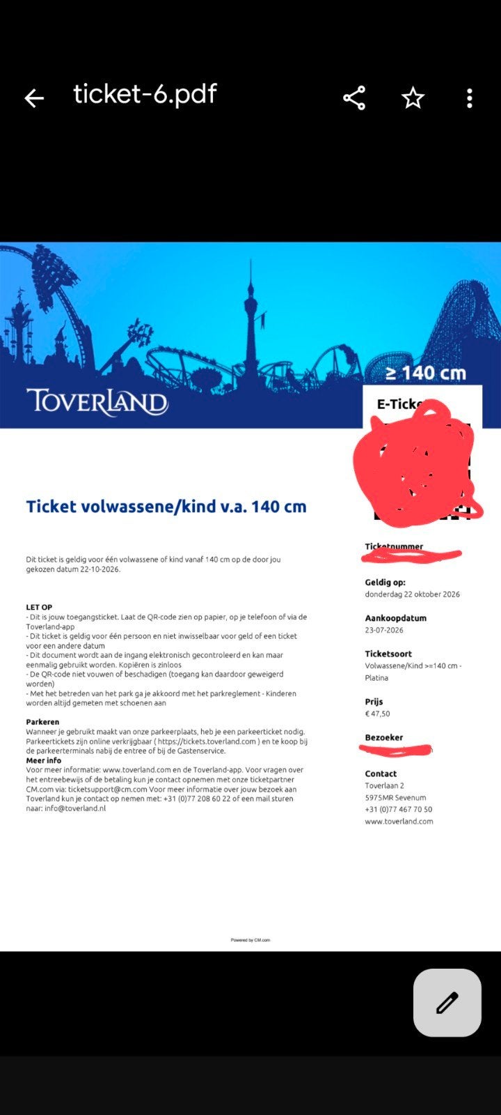 toverland ticket 22 oktober, Tickets en Kaartjes, Eén persoon, Ticket of Toegangskaart