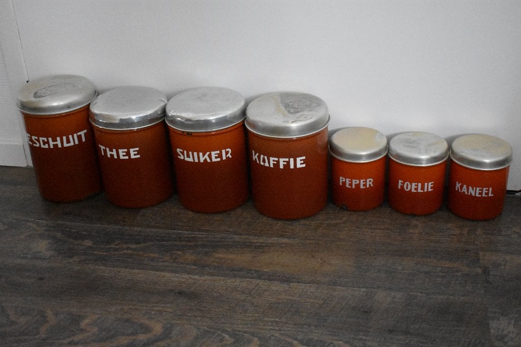 Emaille oranje gevlamde bussen set 7x retro vintage, Ophalen of Verzenden