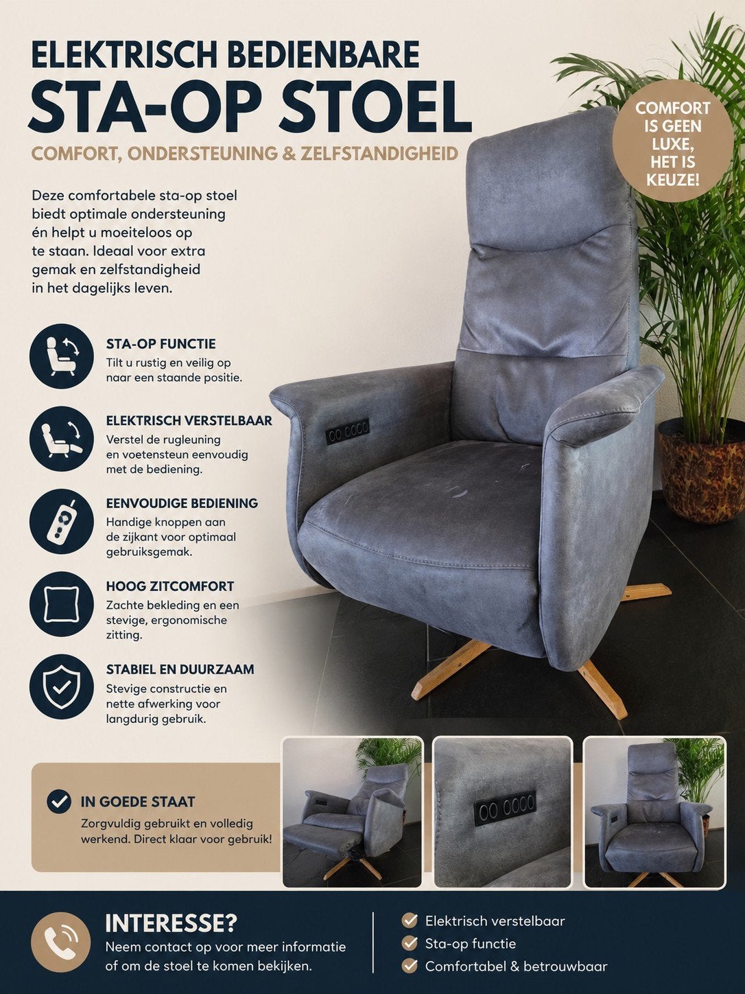 In zo goed als nieuwe staat relax/sta-op stoel, Ophalen, Zo goed als nieuw, 50 tot 75 cm