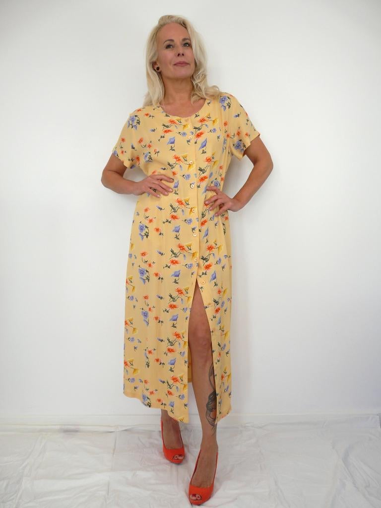 *Abfab Vintage Zachtgele Doorknoop Jurk met Bloemetjes XL*, Geel, Maat 46/48 (XL) of groter, Ophalen of Verzenden, Zo goed als nieuw