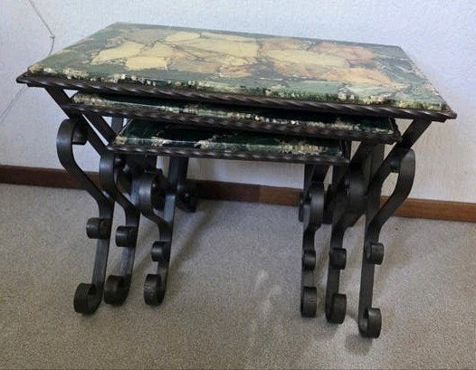Bijzettafels met marmeren blad en smeedijzeren onderstel., Ophalen, Minder dan 50 cm, Gebruikt, 50 tot 100 cm