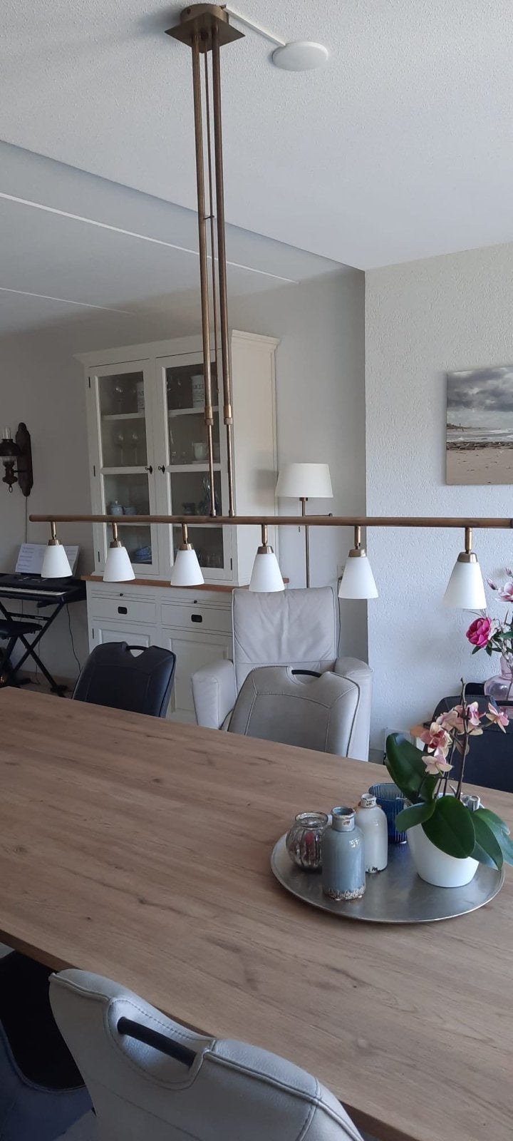 Hanglamp met 6 Lichtpunten - goud/Wit, Ophalen, Zo goed als nieuw, Metaal, E14 (klein)