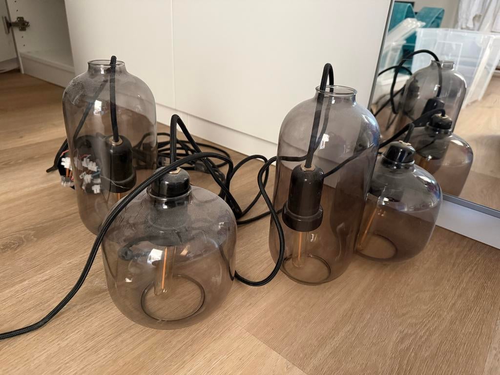 Nordmann AMP zwart rookglas lampen set (4 stuks), Ophalen, Gebruikt, Glas, 50 tot 75 cm