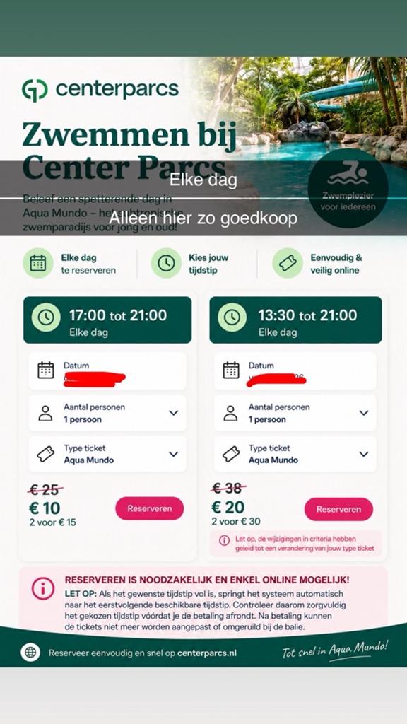 Center parcs kaarten eenhof, Drie personen of meer, Kortingskaart
