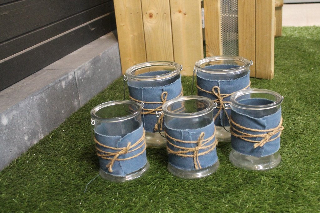 Windlicht blauw/touw, 3x klein/2x groot, Windlicht, Blauw, Overige merken, Nieuw