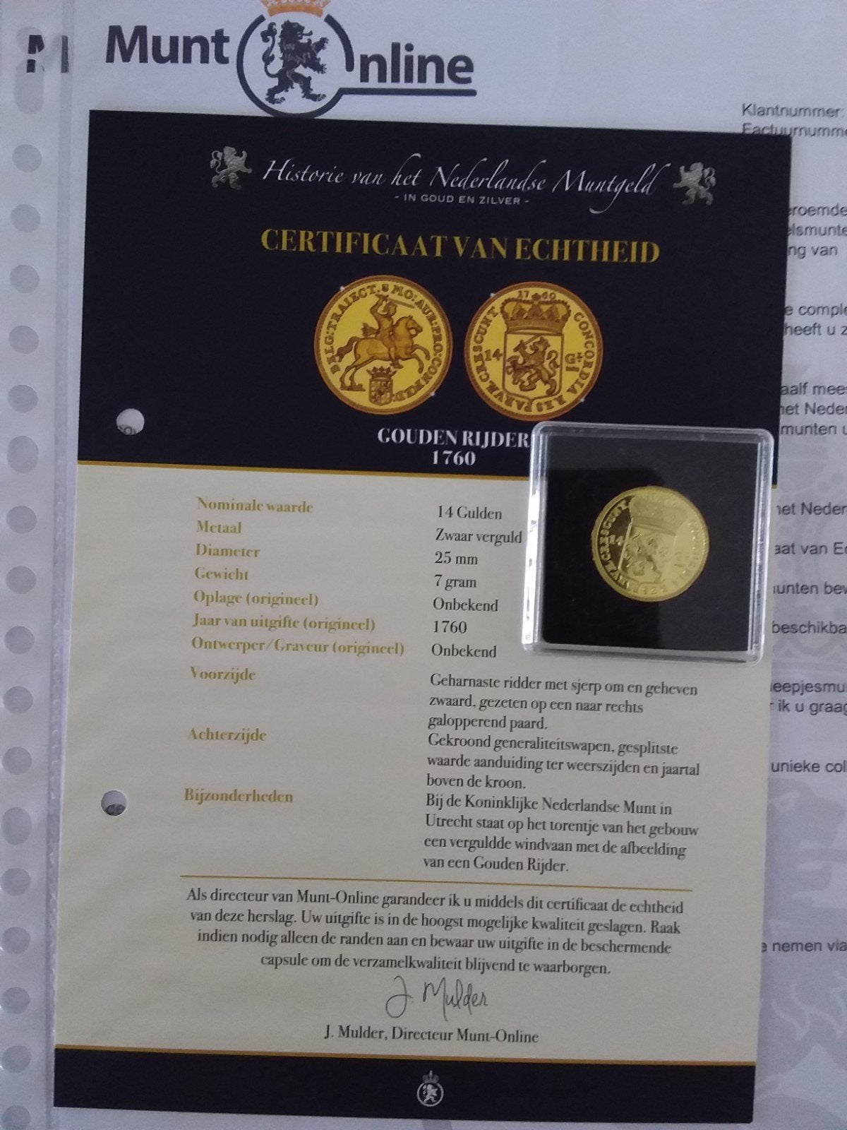 Gouden Rijder 1760 - Herslag met Certificaat van Echtheid, Verzenden