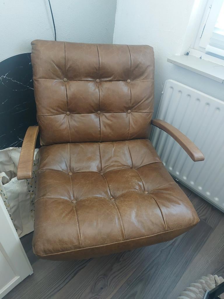 Fauteuil Eleonara Bastiaan - Cognac Leer, Huis en Inrichting, Fauteuils, Zo goed als nieuw, Hout, Leer, Metaal, 75 tot 100 cm