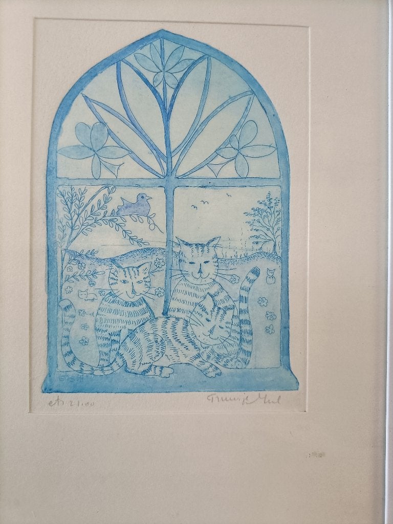 2 etsen van Truusje Mul, Ophalen, Gesigneerd, Flora en Fauna, 1950 - 1999