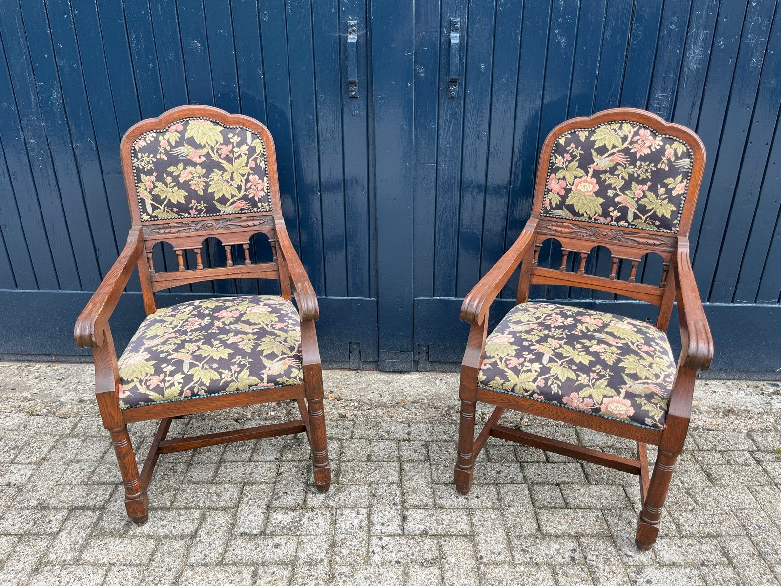 Set van 2 Antieke Fauteuils gestoffeerd met gobelin, Gebruikt, Minder dan 75 cm, Ophalen of Verzenden, 50 tot 75 cm