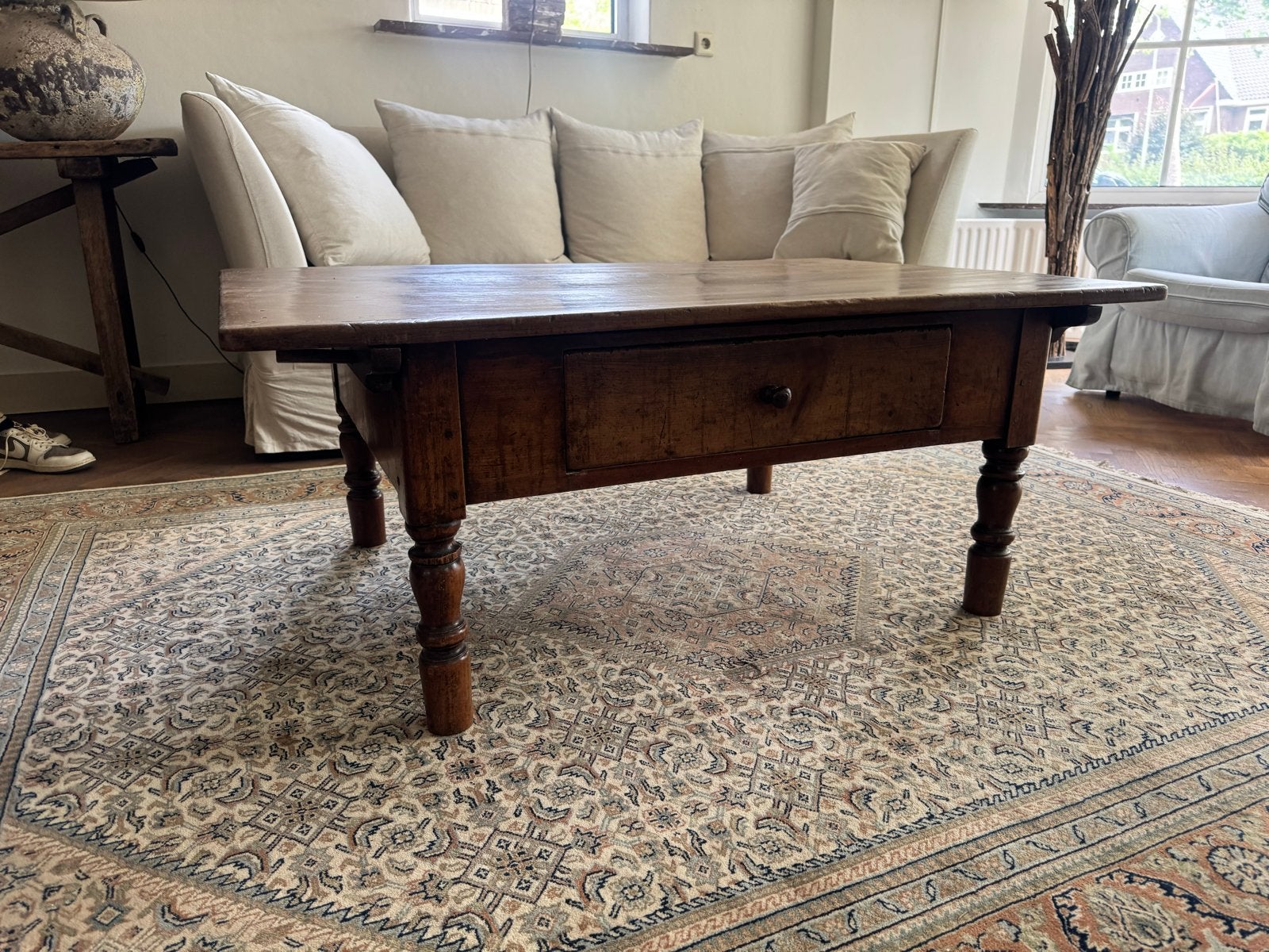 Antieke houten salontafel met lade - 124x83x50 cm, Antiek en Kunst, Ophalen