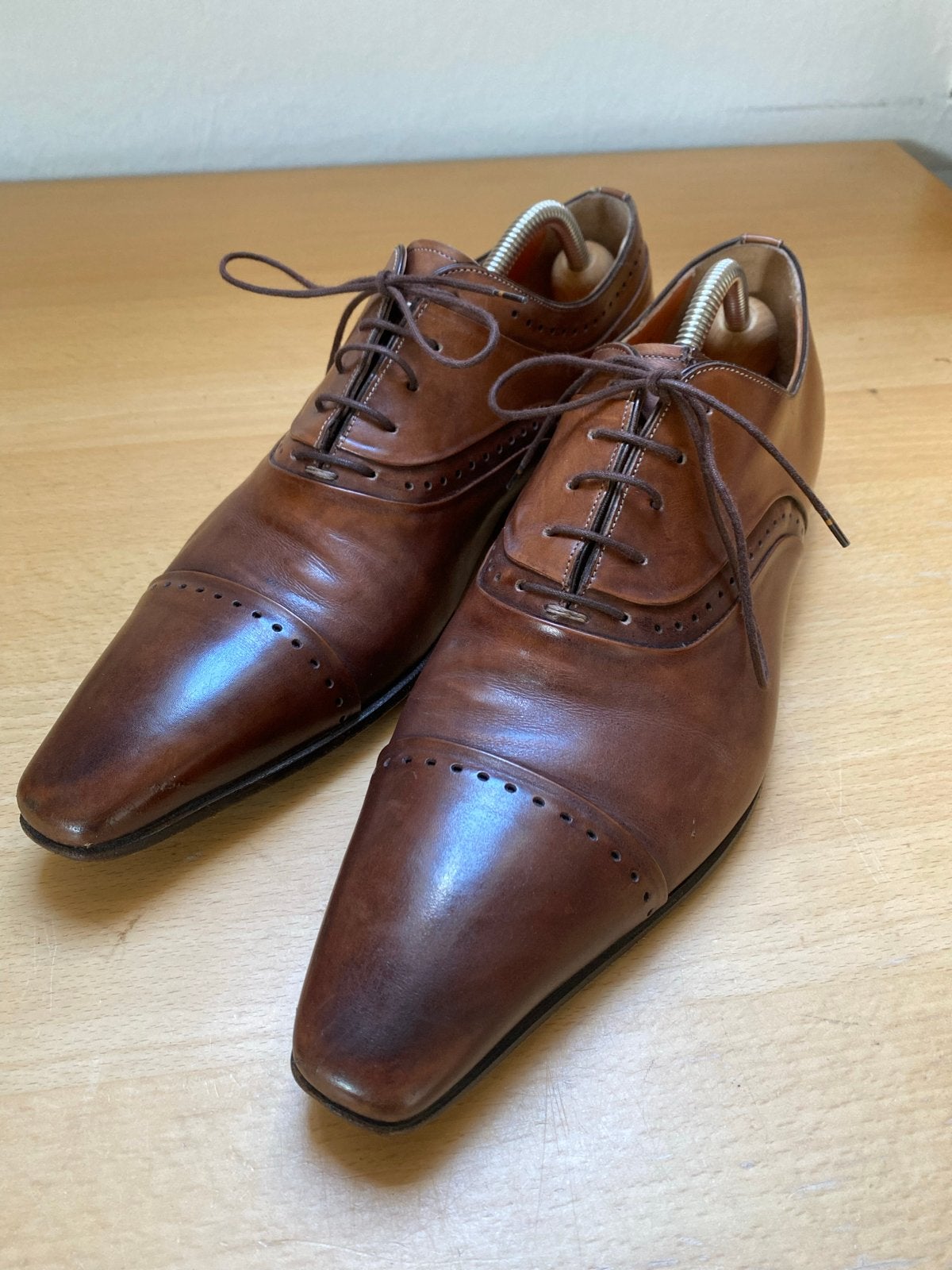 Santoni Cognac Bruine Handgemaakte Italiaanse Schoenen, Kleding | Heren, Schoenen, Verzenden, Gedragen, Bruin, Veterschoenen