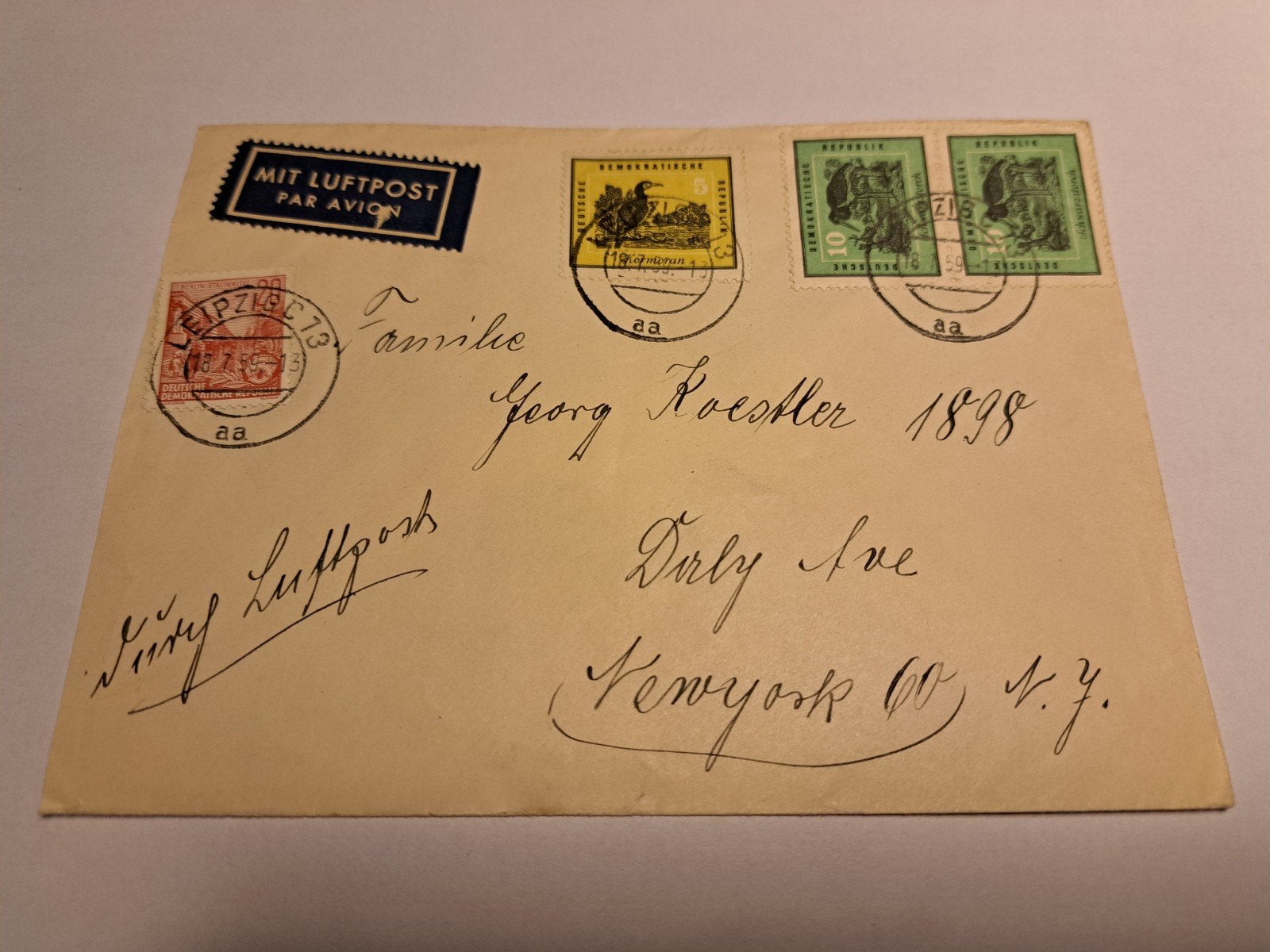 Zeldzame DDR luchtpostbrief uit 1959 naar New York, Ophalen of Verzenden, Envelop