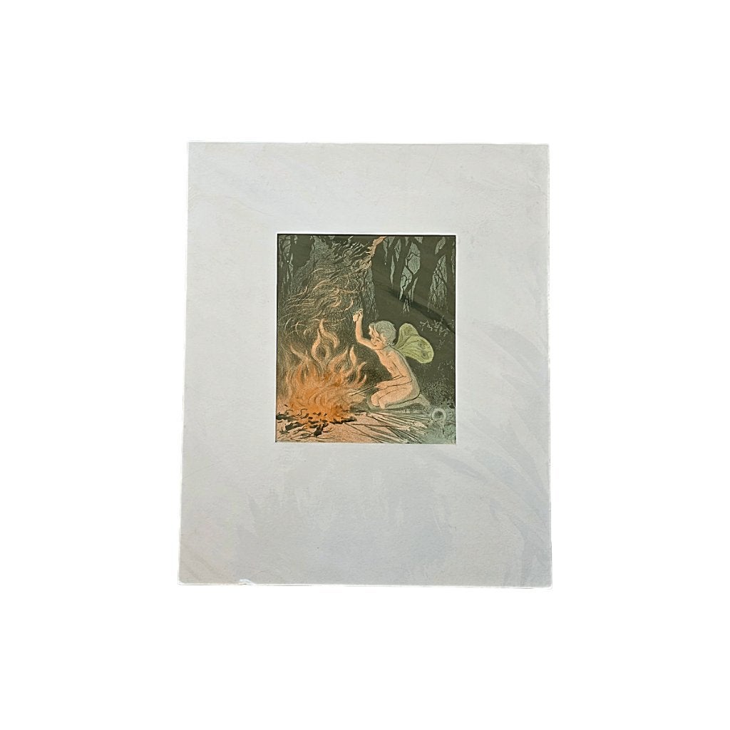 Oude kleurenlitho met elf bij kampvuur, Met passe-partout, Ophalen of Verzenden, Personages en Fantasiefiguren, Lithografie