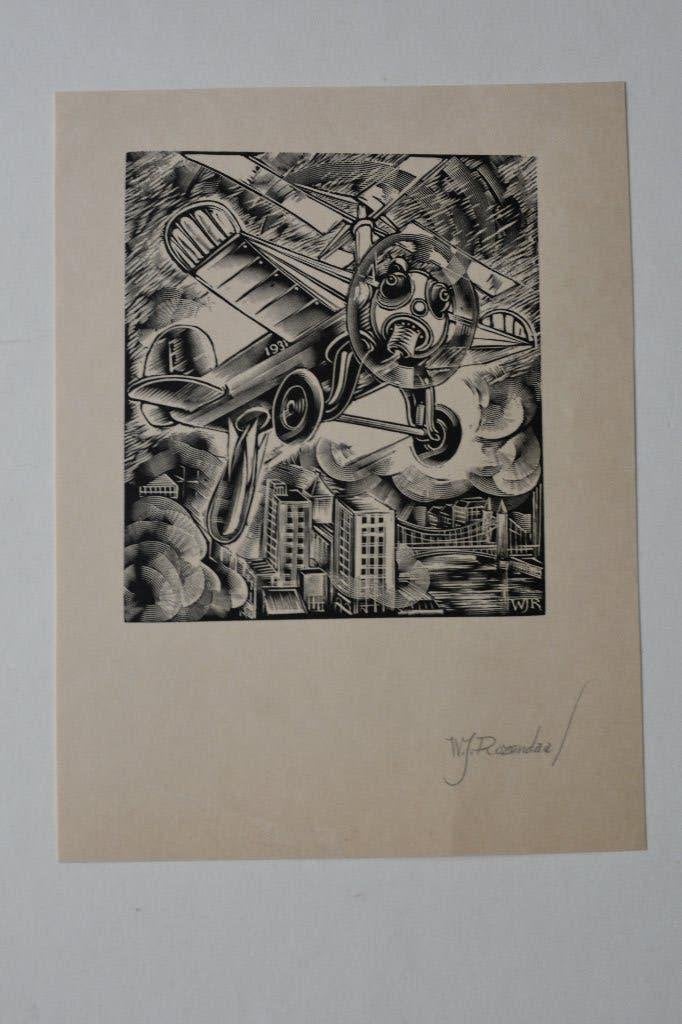 W.J. ROZENDAAL AUTOGYRO DRONE VLIEGTUIG HOUTSNEDE 1931 R8, 10 cm, 8 cm, Origineel, Architectuur