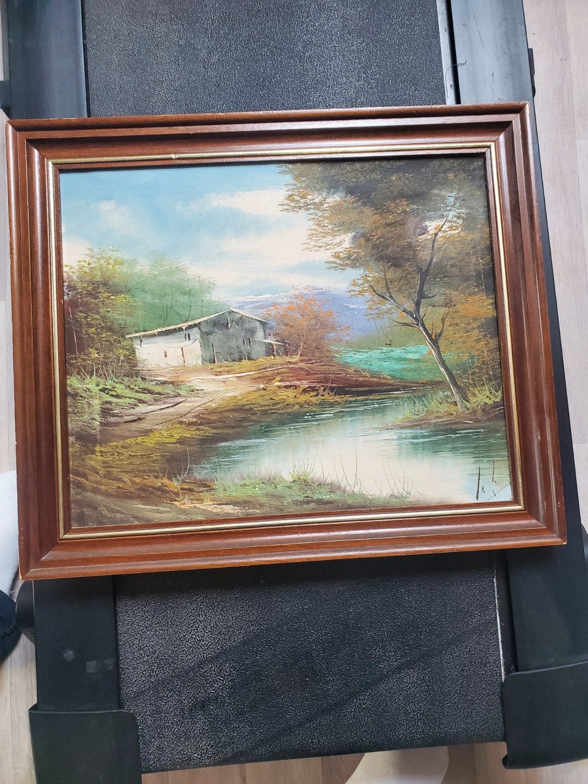 Mooi landschap schilderij met water en huis, Ophalen of Verzenden