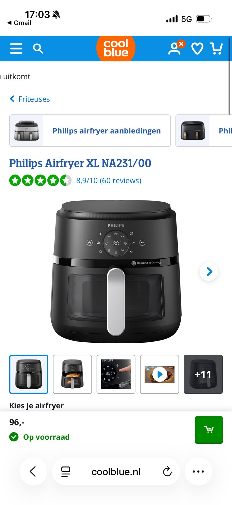 Philips Airfryer XL NA231/00 - Zo goed als nieuw, Ophalen, Zo goed als nieuw