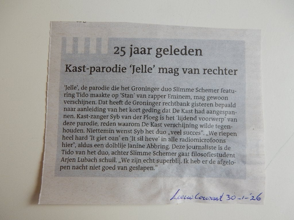 de Kast-parodie "Jelle" 25 jaar geleden 30 jan '26 + extra., Ophalen of Verzenden, 1980 tot heden, Nederland, Knipsel(s)