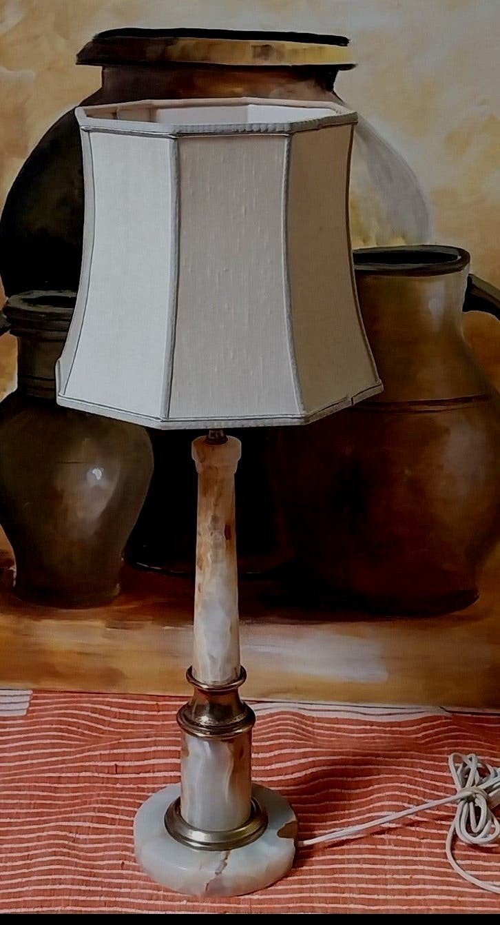 Vintage tafellamp 40 cm met onyx en messing, Ophalen of Verzenden