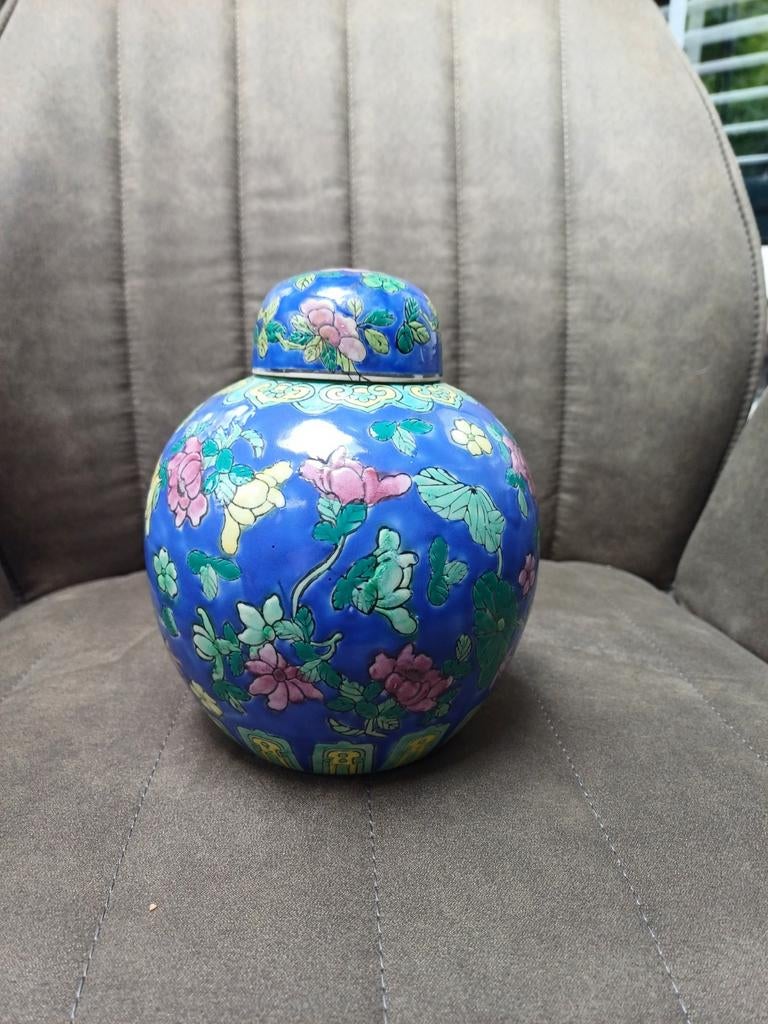 Vintage Chinese Gemberpot - Blauw met Bloemen, Antiek en Kunst, Ophalen of Verzenden