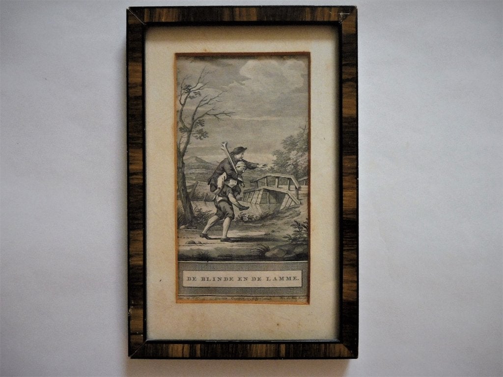 Kopergravure: DE BLINDE EN DE LAMME fabel ca.1780, Dagelijks leven, Ophalen of Verzenden, Gravure, Ingelijst
