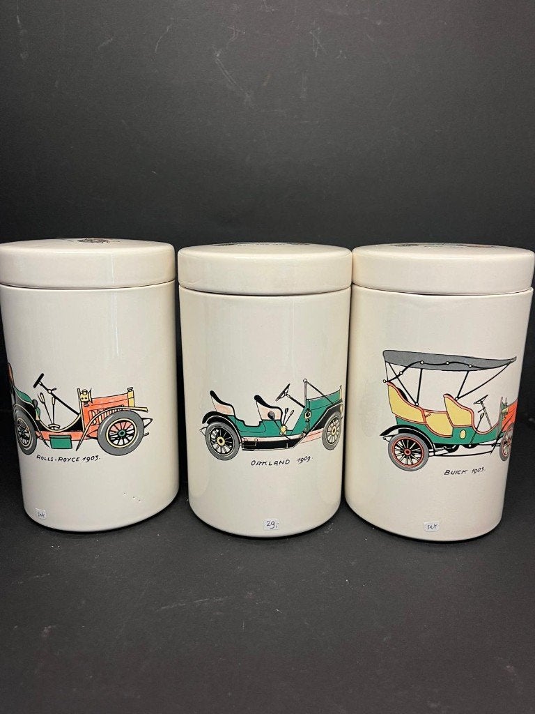 89) Vintage voorraadpotten met auto-afbeeldingen, set van 3, Gebruikt, Niet van toepassing, Niet van toepassing, Ophalen of Verzenden