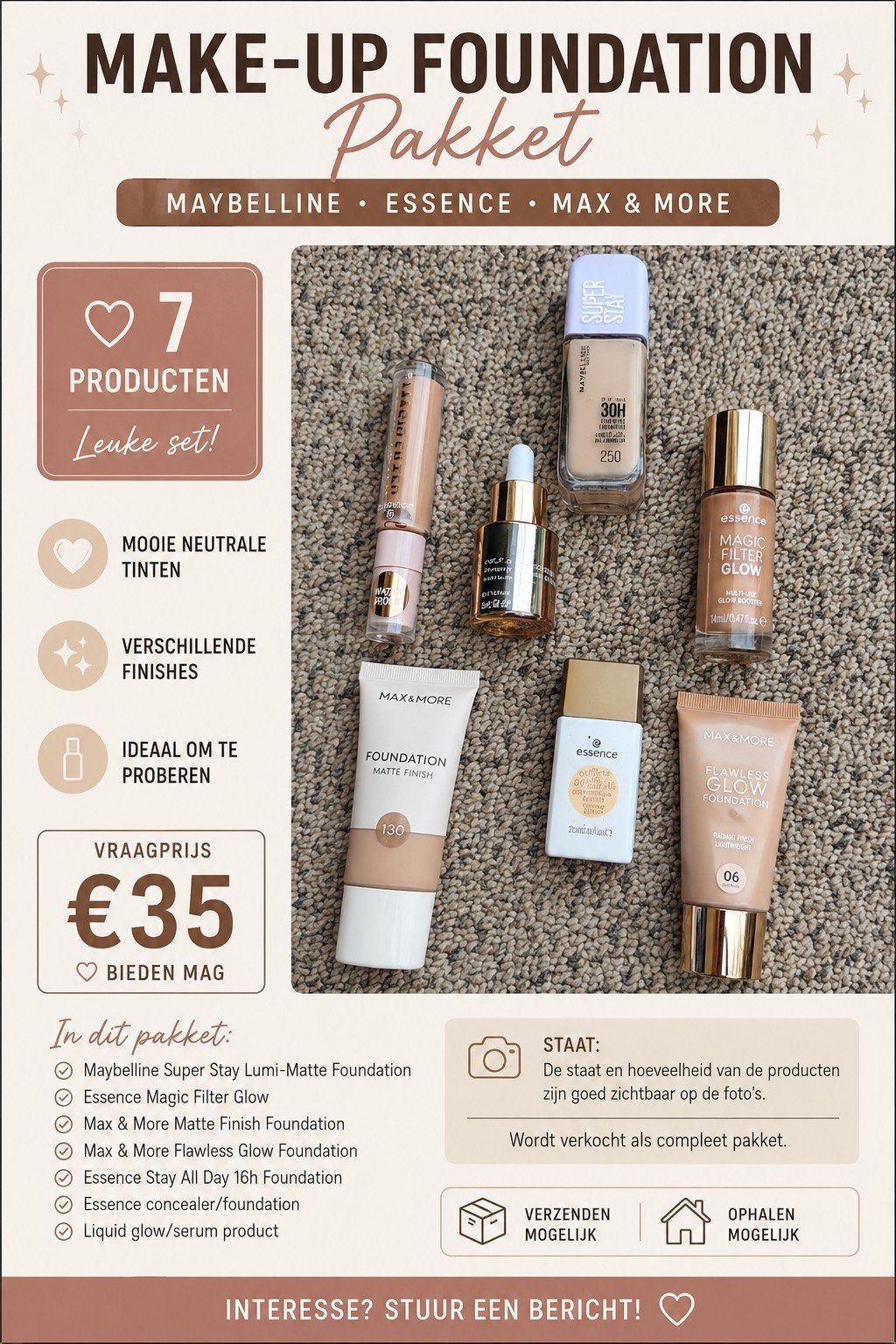Mooi pakket met 7 verschillende teint- en foundationproducte, Ophalen of Verzenden, Gebruikt, Beige, Gehele gezicht