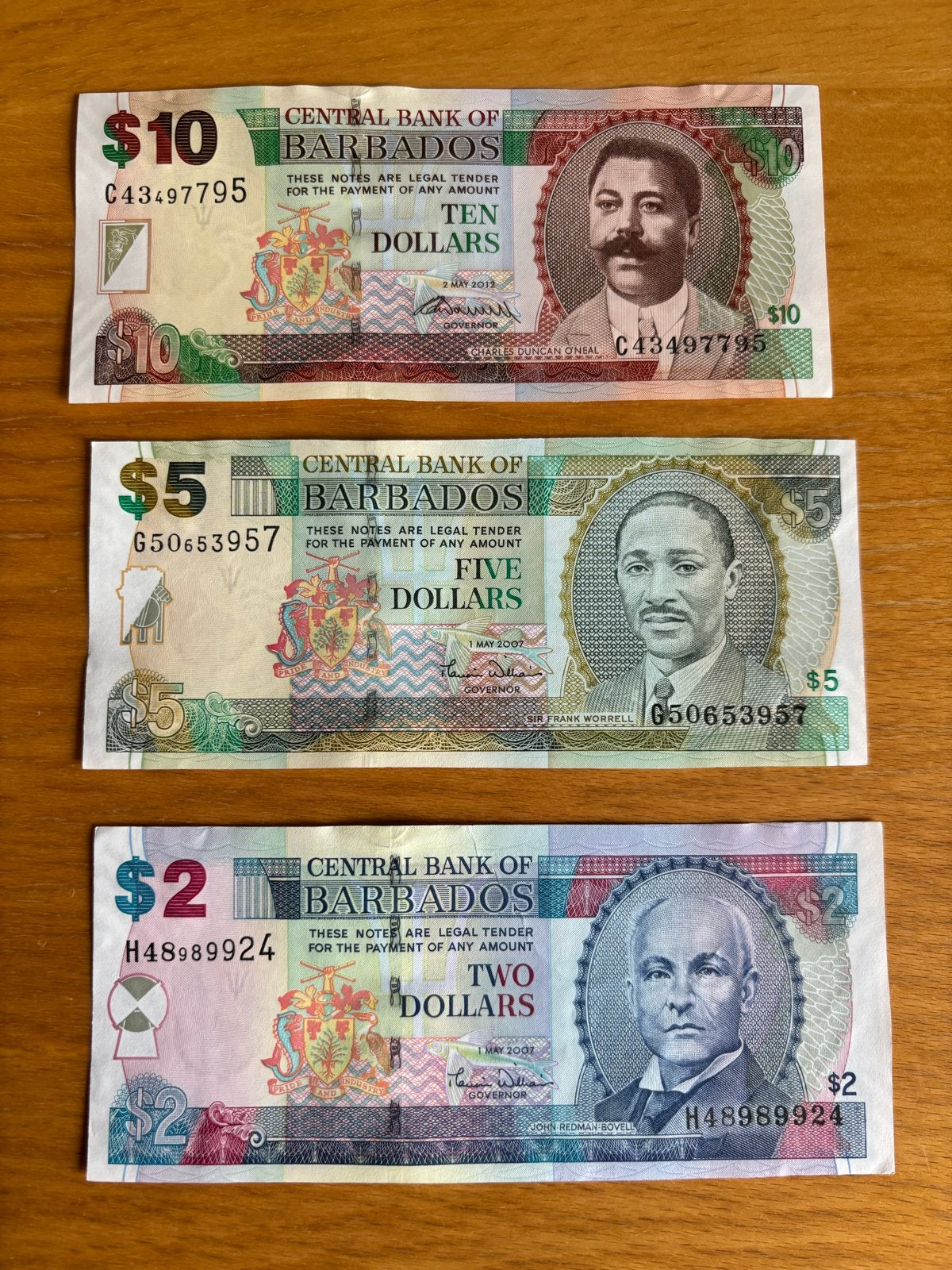 Barbados set van $ 10, 5 en 2 Dollar bankbiljetten UNC 2007, Postzegels en Munten, Ophalen of Verzenden, Midden-Amerika, Setje