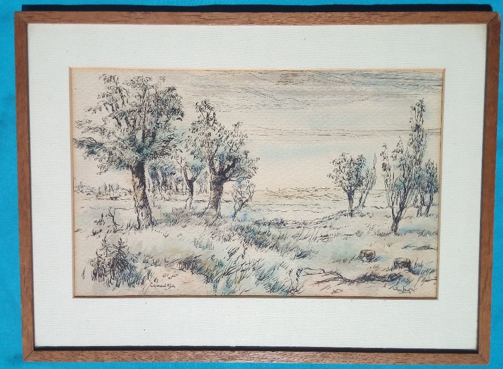 1900s GEKLEURDE PENTEKENING TEUN BURGER EGMOND AAN ZEE BOMEN, Antiek en Kunst, Verzenden