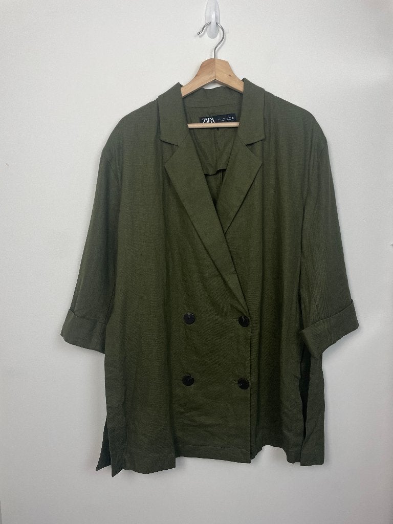 Zara double-breasted blazer olijfgroen maat L linnen, Maat 38/40 (M), Zara, Avenida de la Diputación, Edificio Inditex 15143 Arteixo (A Coruña) Spain