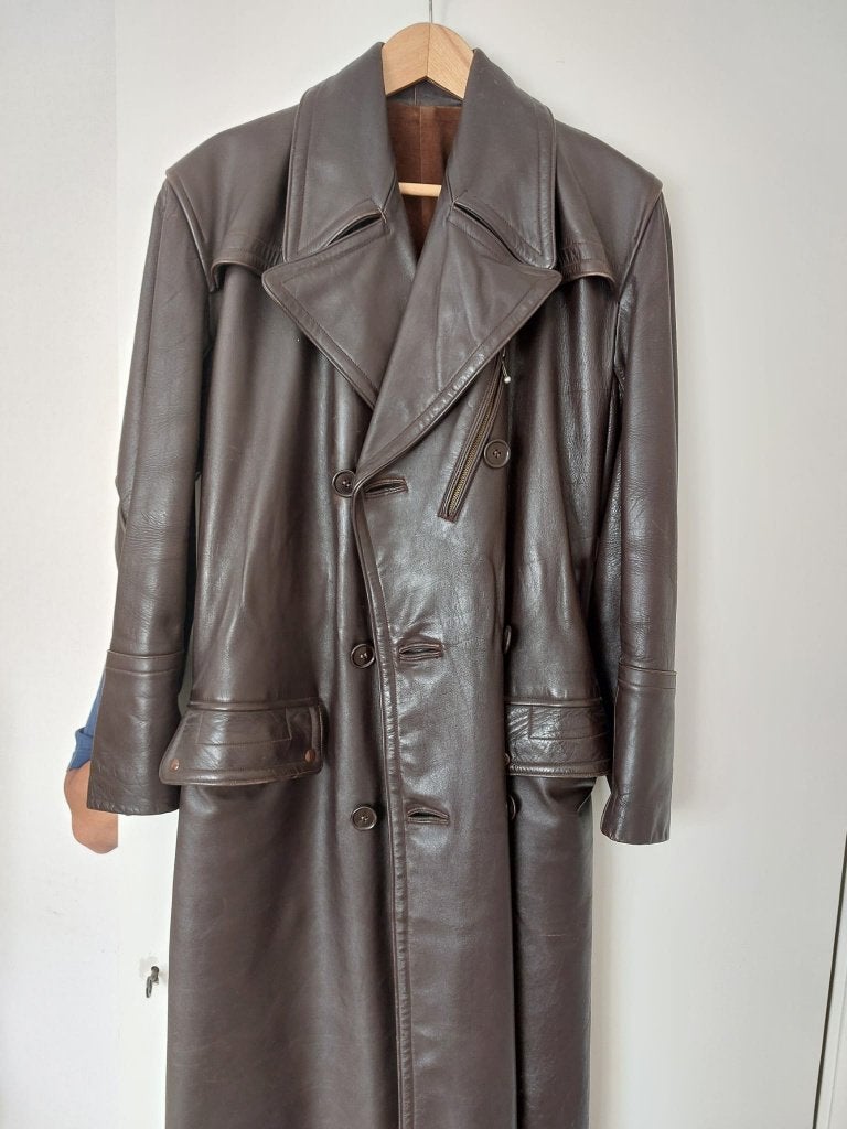 lange bruine motorjas vintage Zeer zware kwaliteit leer, Ophalen of Verzenden, Tweedehands, Heren, Jas | leer