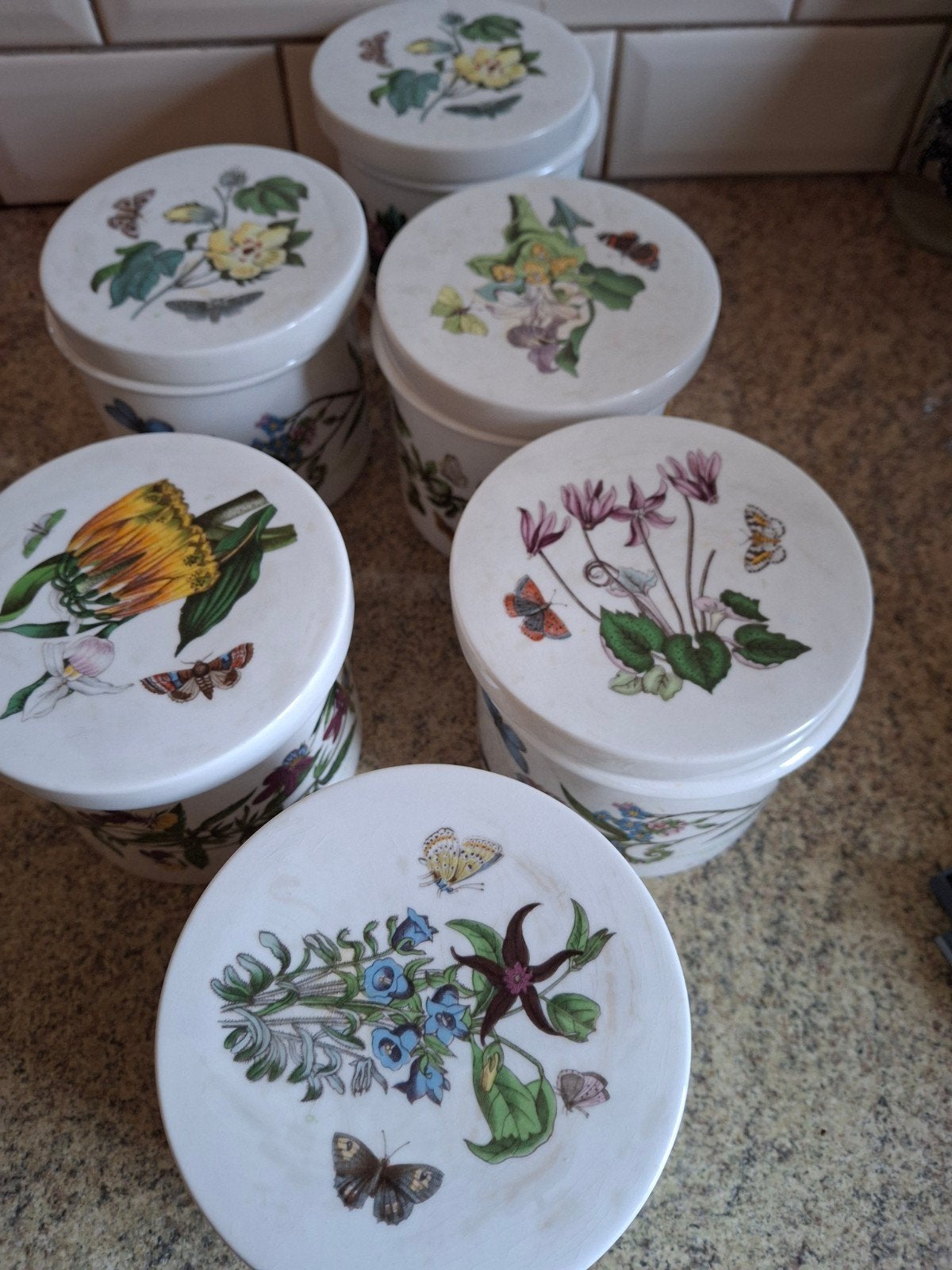 zes Portmeirion dekselpotten, Gebruikt, Overige merken, Keramiek, Vintage