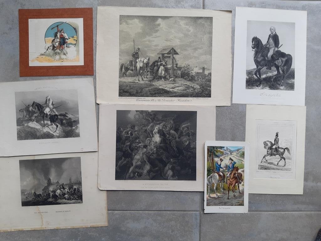 10b / 8 gravures en litho 19e eeuw van militairen en paarden, Ophalen of Verzenden