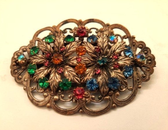 Prachtige grote antieke Tsjechische broche met bloemen, Ophalen, Overige materialen, Broche