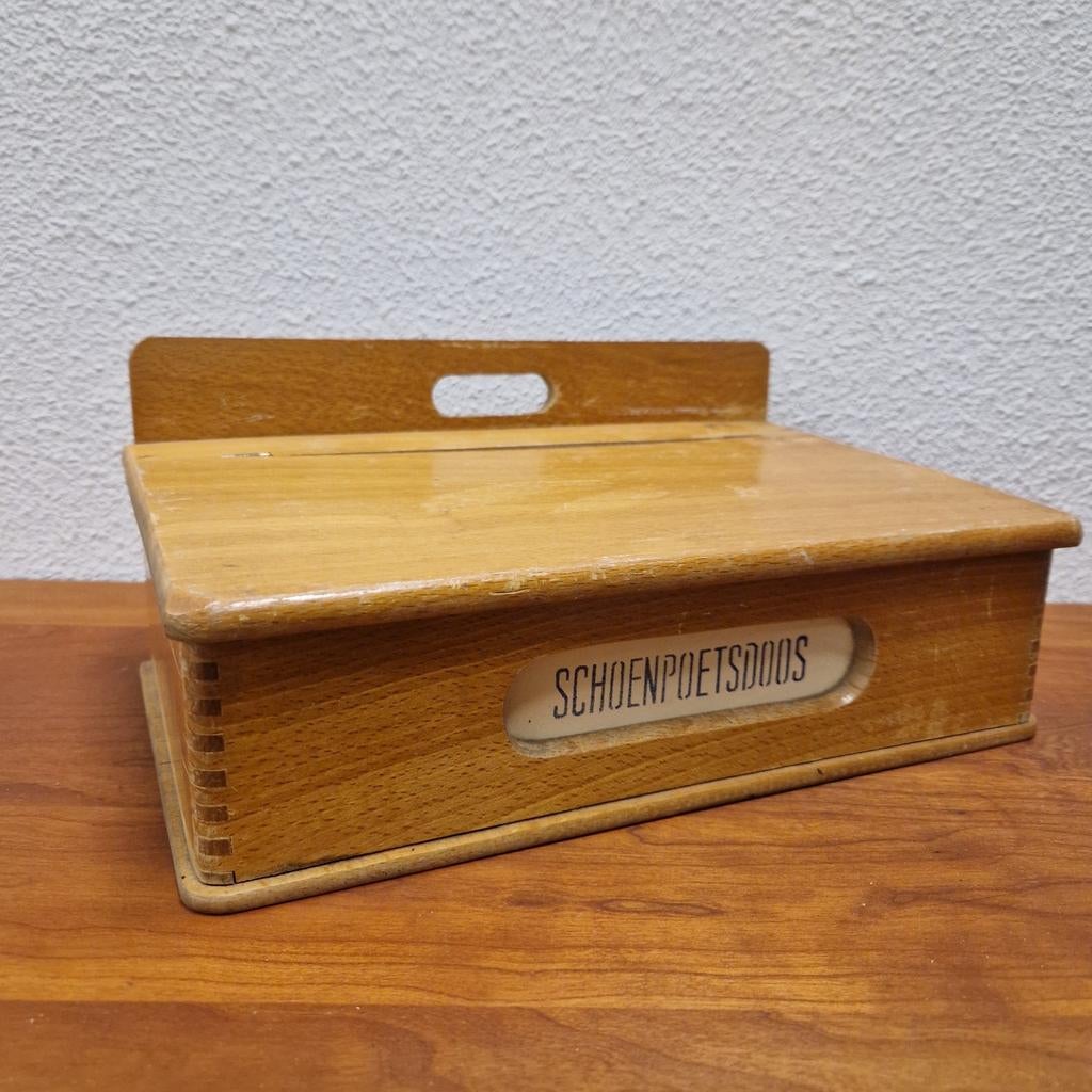 Vintage schoenpoets doos van hout jaren 50, Antiek en Kunst, Ophalen of Verzenden