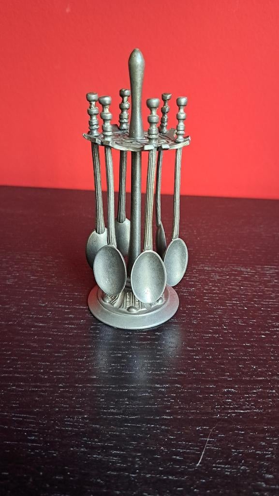 Vintage tinnen lepelrekje met 6 lepeltjes, Ophalen of Verzenden